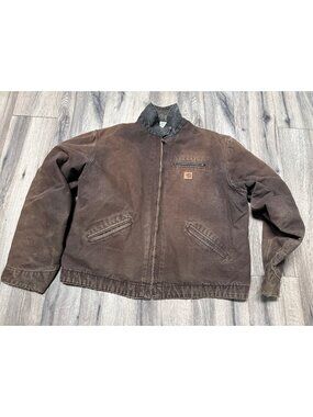 VTG Carhartt Mens 2XL Tall Detroit Brown Duck Canvas Jacket With Plaid Lining &